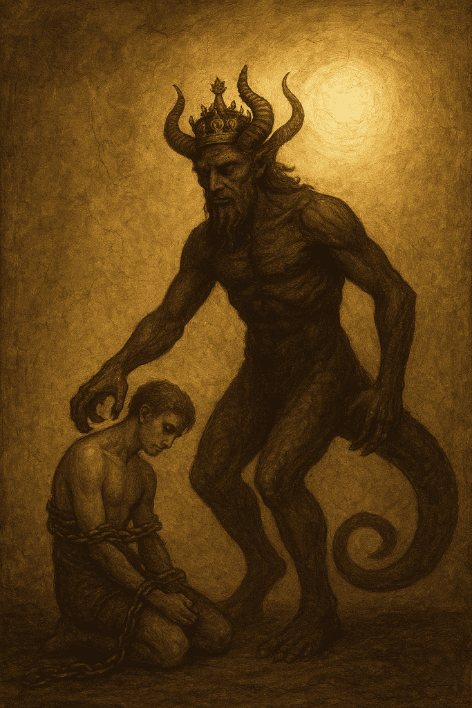 The Demiurge Abyssal demon with horns and crown overpowering a kneeling man in a dark, mythological scene, symbolising temptation or evil in spiritual or psychological contexts.