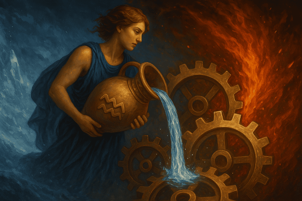 Aquarius water bearer standing between ice and fire, balancing flame and frost