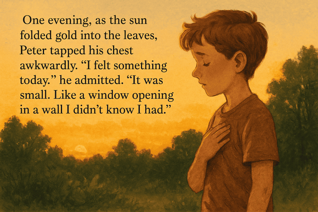 One evening, as the sun folded gold into the leaves, Peter tapped his chest awkwardly. βI felt something today,β he admitted. βIt was small. Like a window opening in a wall I didnβt know I had.β