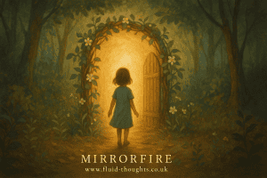 Girl walking through a magical, glowing door in a forest archway surrounded by flowers and greenery, illustrating fantasy, imagination, and wonder for artistic or storytelling purposes alt text.