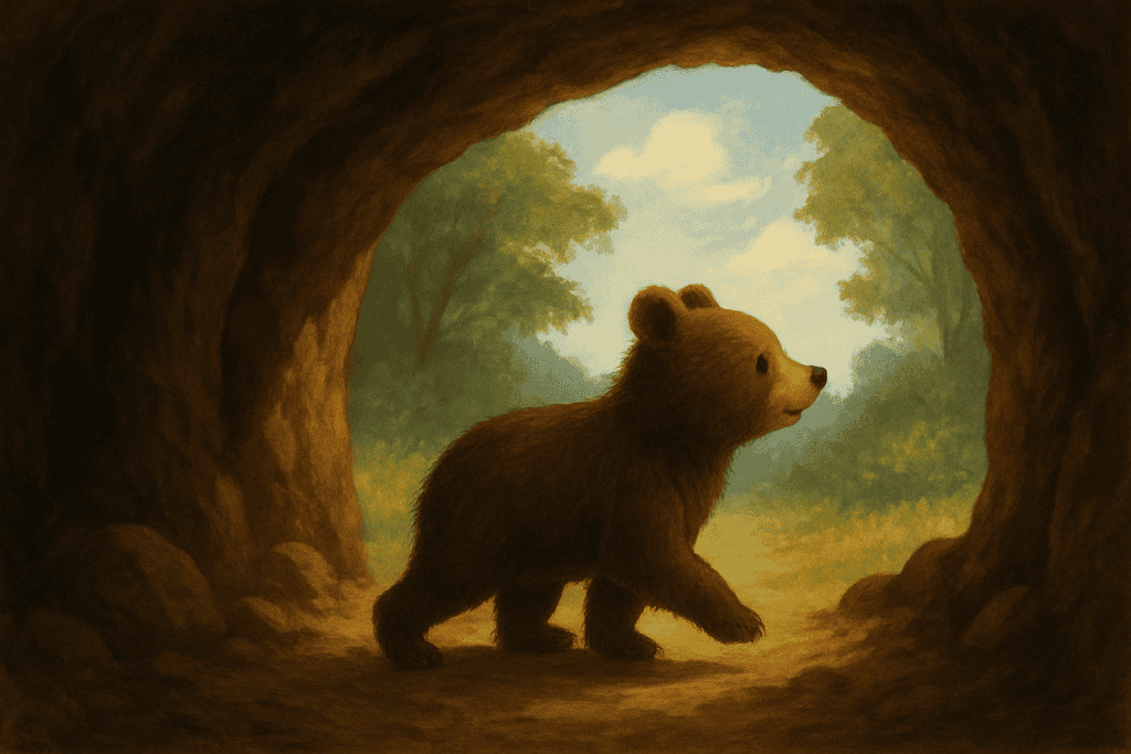 A adorable brown bear cub exploring the outdoors, standing at the entrance of a cave with lush green trees and a bright sky in the background.