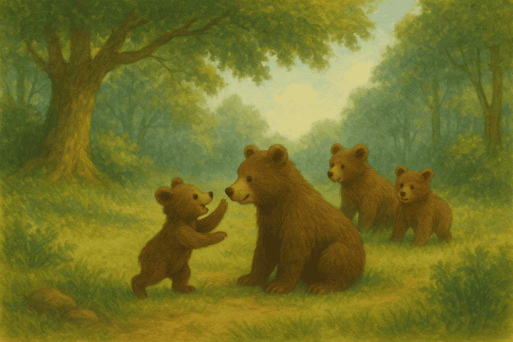 Gentle bear family conversation in a lush forest with warm sunlight filtering through green trees, capturing themes of nature, family bonds, and wildlife.