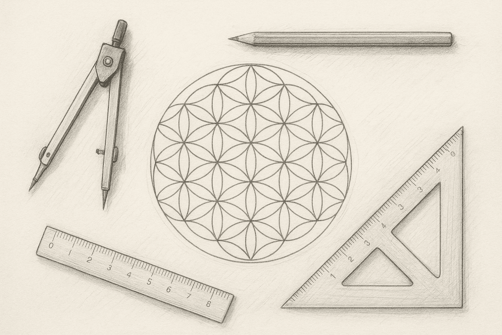 A hand-drawn pencil landscape showing a geometry set arranged beside the Flower of Life pattern, symbolizing sacred design, proportion, and the harmony between measurement and creation.