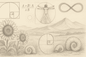 A pencil-drawn landscape blending nature and geometry — sunflowers, Fibonacci spirals, golden ratio diagrams, and the Vitruvian figure beneath mountain light, symbolizing the living design of creation.