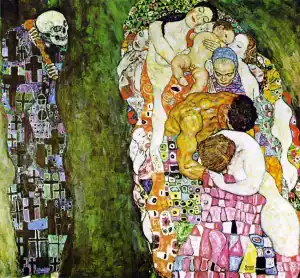 Embrace of diverse figures in abstract art, highlighting human connection and intimacy with vibrant textures and colours, inspired by Gustav Klimt's style for emotional impact and artistic expression.