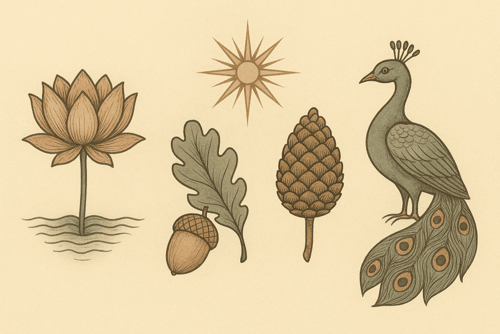 Delicate illustration of a peacock, pinecone, acorn, leaf, lotus flower, and sun in earthy tones on a beige background, focusing on natural beauty and creativity perfect for art and nature enthusiasts.
